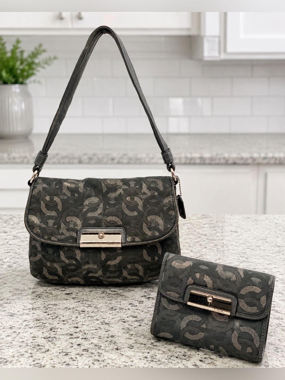 Coach Kristin Optic Lurex Gunmetal Chain Link 46370 Bag & Wallet